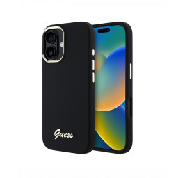 Накладка Guess для iPhone 16 Liquid silicone Gold metal logo & Camera frame Black купить в Уфе
