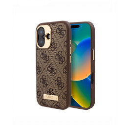 Накладка Guess для iPhone 16 PU 4G Plate metal logo Brown (MagSafe) купить в Уфе