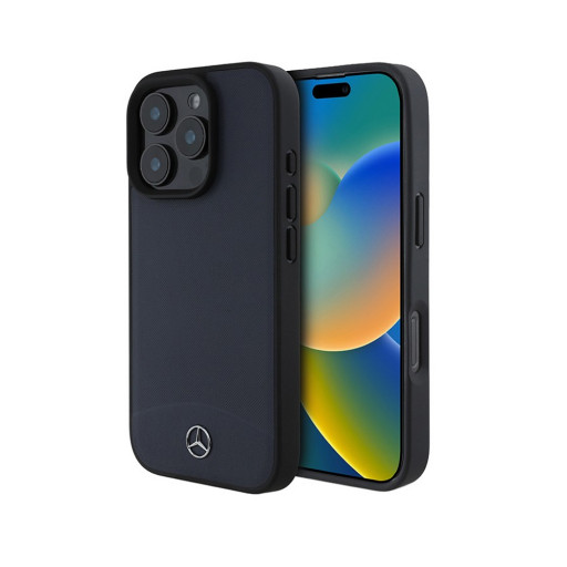 Накладка Mercedes для iPhone 16 Pro Leather Textured and Smooth Metal logo Navy (MagSafe)