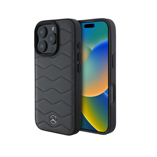 Накладка Mercedes для iPhone 16 Pro Leather Waves Metal logo Antracite Grey