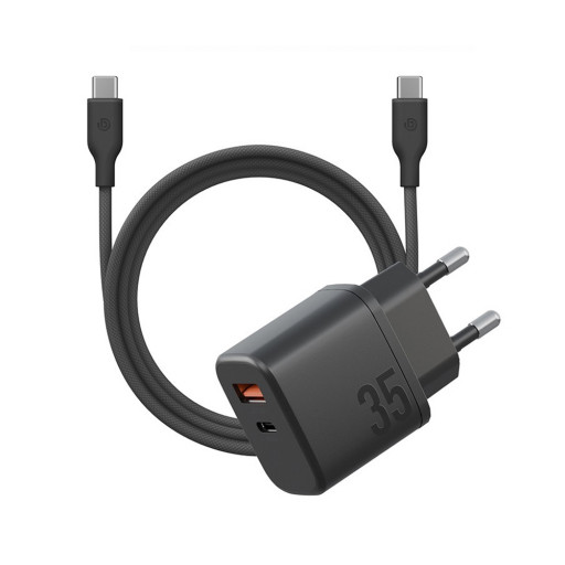 Сетевое зарядное устройство EnergEA Bazic Velox Kit GaN35, USB-C+USB-A+Weave USB-C to C 1.5m Truffle