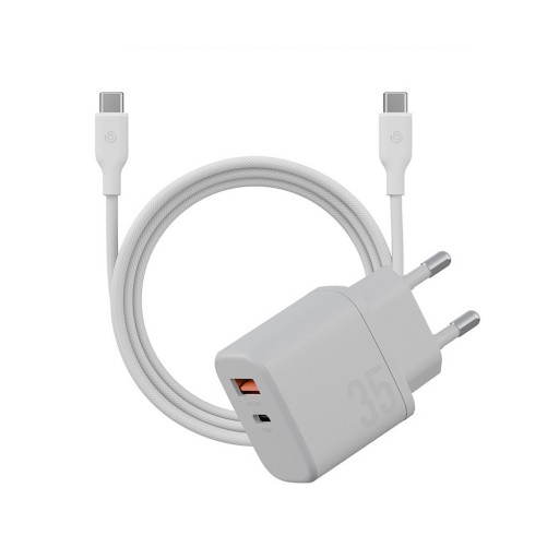 Сетевое зарядное устройство EnergEA Bazic Velox Kit GaN35, USB-C+USB-A+Weave USB-C to C 1.5m Vanilla