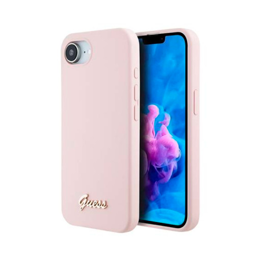 Накладка Guess для iPhone 16E Liquid silicone Gold metal logo & Camera frame Pink (MagSafe)