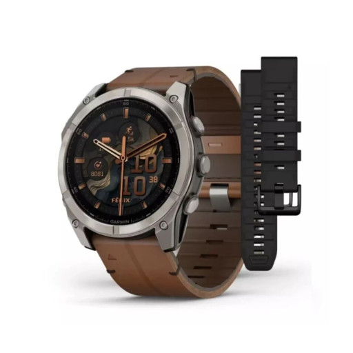 Garmin Fenix 8 51mm Amoled Sapphire Titanium and brown leather strap