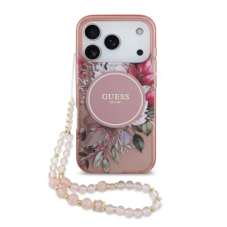 Накладка Guess для iPhone 17 Pro Max IML Flowers Hard + Pearl Hand Strap Pink (MagSafe) купить в Уфе