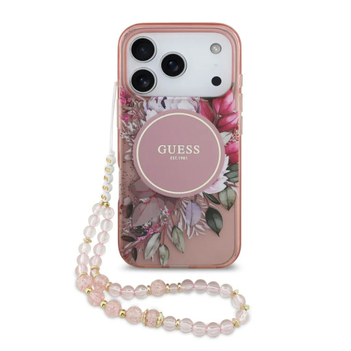 Накладка Guess для iPhone 17 Pro Max IML Flowers Hard + Pearl Hand Strap Pink (MagSafe)