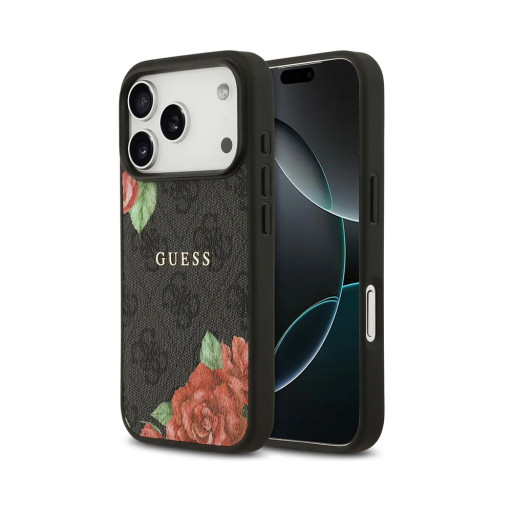Накладка Guess для iPhone 17 Pro Max PU 4G Flowers Roses Black (MagSafe)
