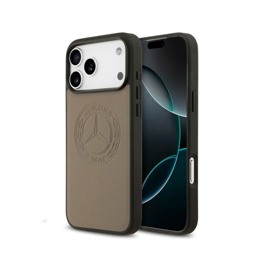 Накладка Mercedes для iPhone 17 Pro Max Leather Vintage Round Debossed Logo Taupe (MagSafe)