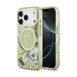 Накладка Guess для iPhone 17 Pro IML Glitter Flowers Triangle logo Metal Cam Green (MagSafe) купить в Уфе