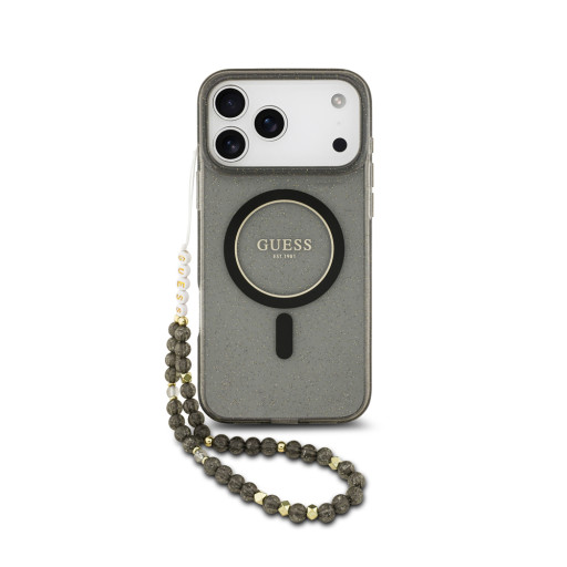 Накладка Guess для iPhone 17 Pro IML Glitter Hard + Pearl Hand Strap Black (MagSafe)