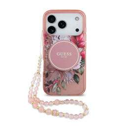 Накладка Guess для iPhone 17 Pro IML Flowers + Pearl Hand Strap Pink (MagSafe) купить в Уфе